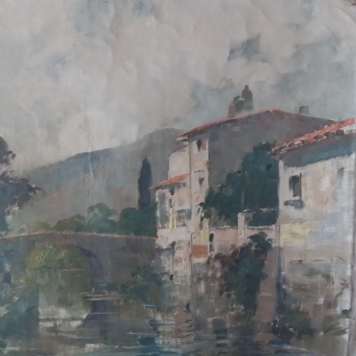 Landscape Of Ariège - Village On The Riverbank. Paul émile Lecomte. Hst 53 X 65 Cm-photo-2