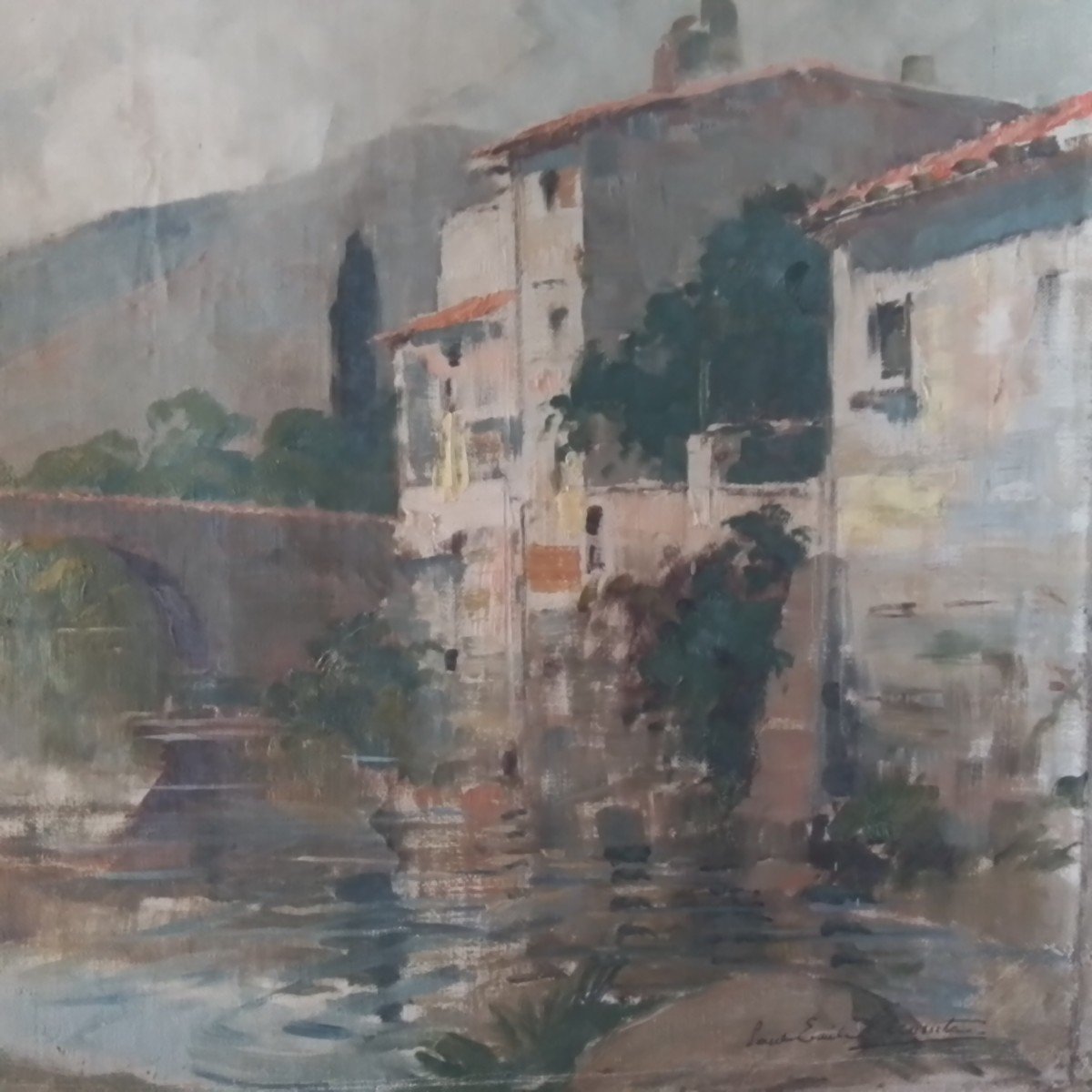 Landscape Of Ariège - Village On The Riverbank. Paul émile Lecomte. Hst 53 X 65 Cm-photo-3