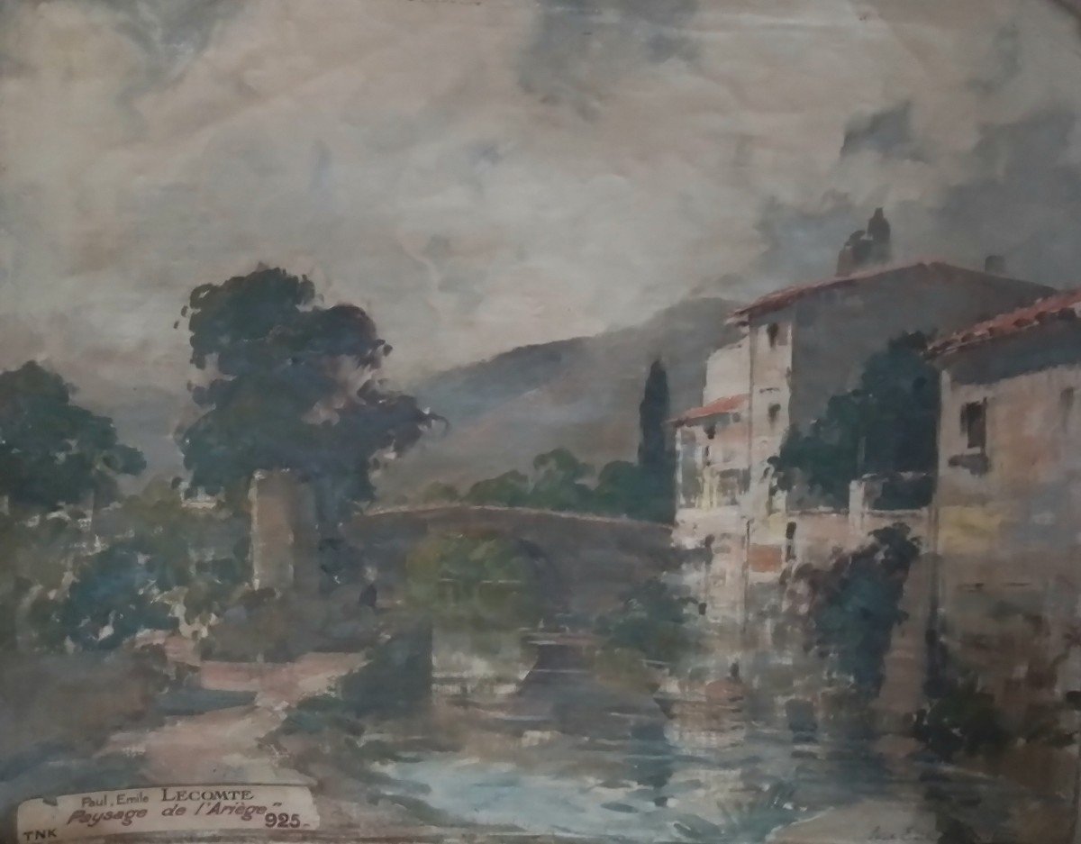 Landscape Of Ariège - Village On The Riverbank. Paul émile Lecomte. Hst 53 X 65 Cm