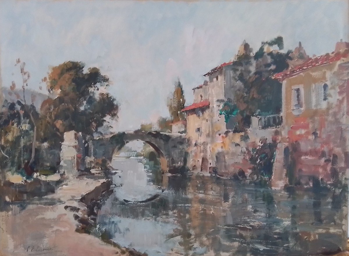 Village Of Ariège, On The Edge Of The River. Paul émile Lecomte. Hsc 50 X 65 Cm-photo-2