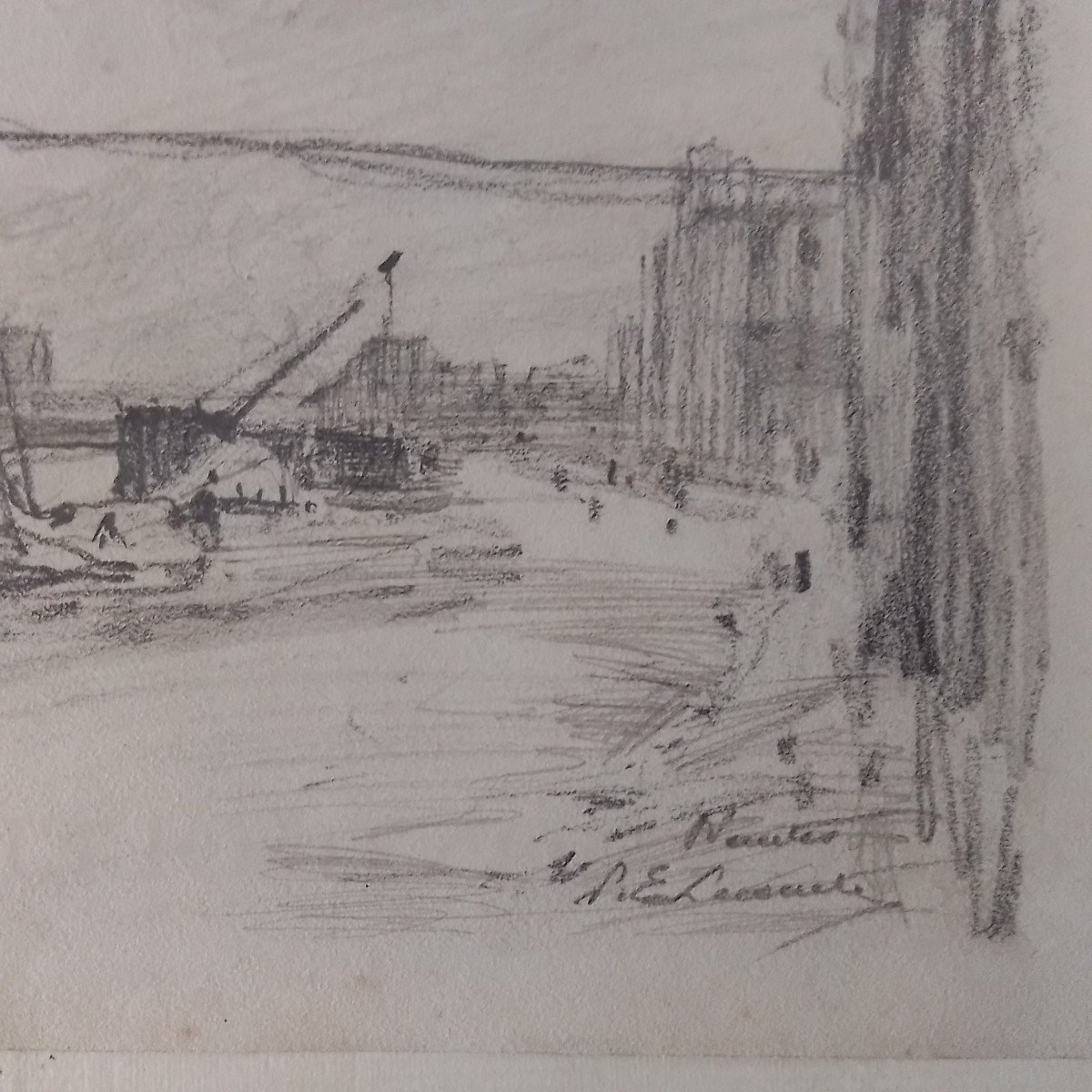 Nantes, Les Travaux Sur Les Quais. Paul Émile Lecomte. Crayon 25 X 28 cm-photo-3