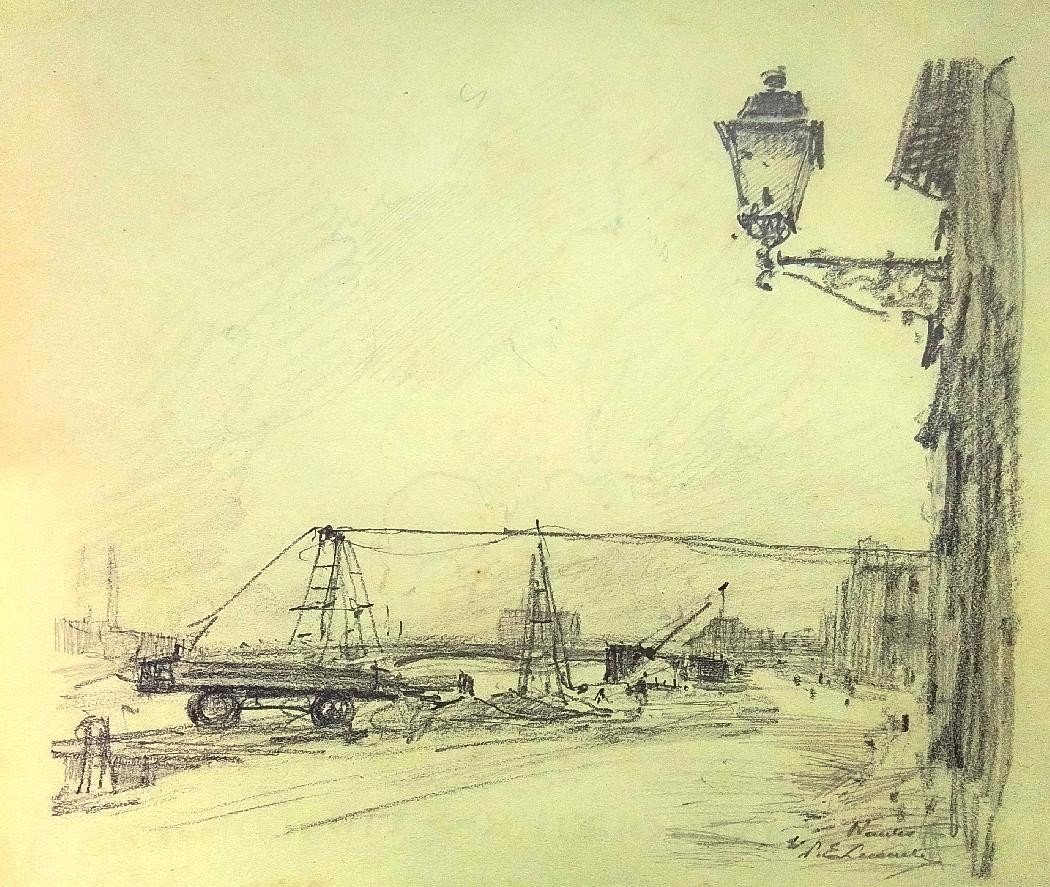 Nantes, Work On The Quays. Paul Emile Lecomte. Pencil 25 X 28 Cm