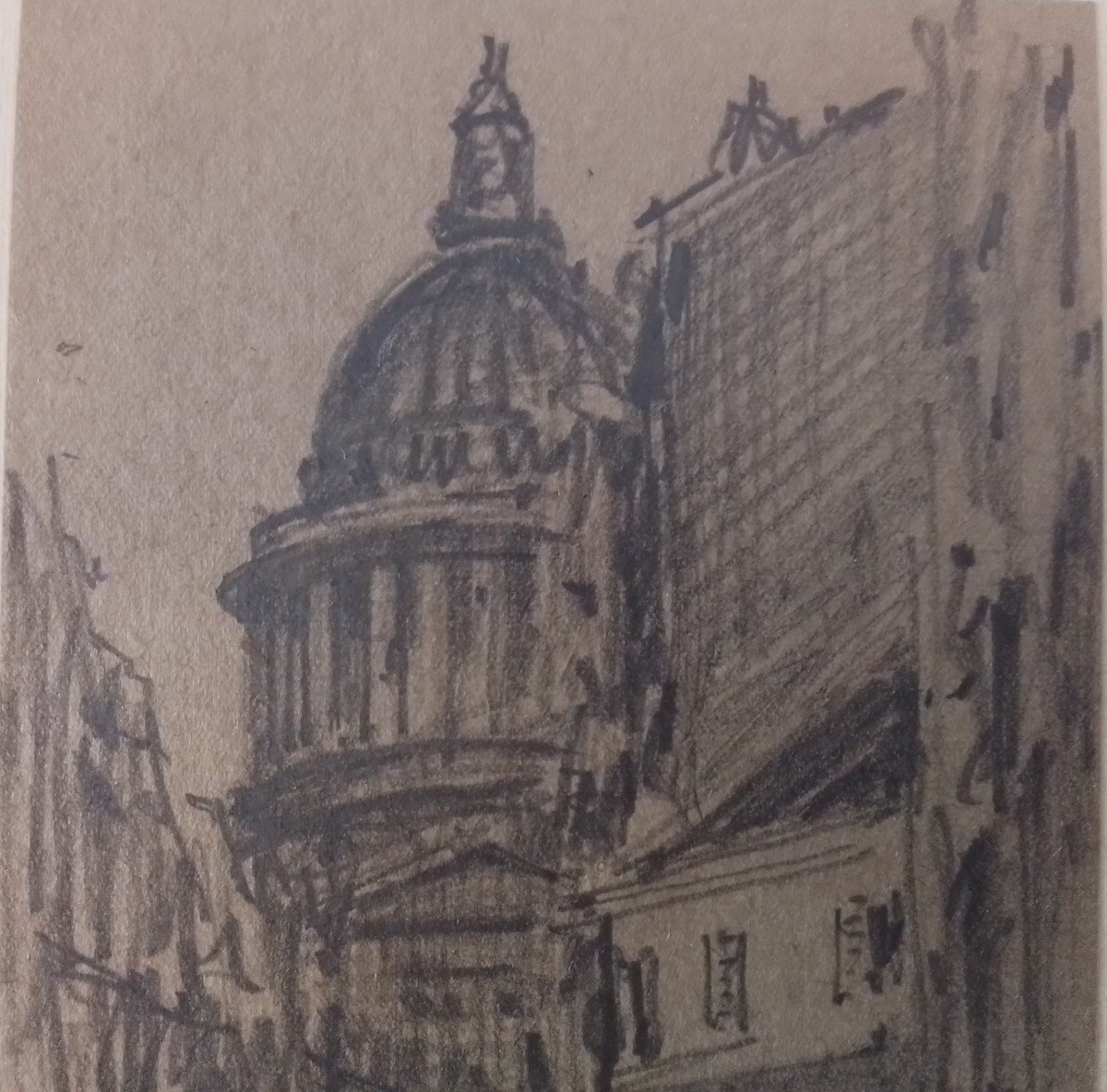 Paris, Vue Animée Sur Le Panthéon. Paul Émile Lecomte. Crayon 16 X 11 cm-photo-3