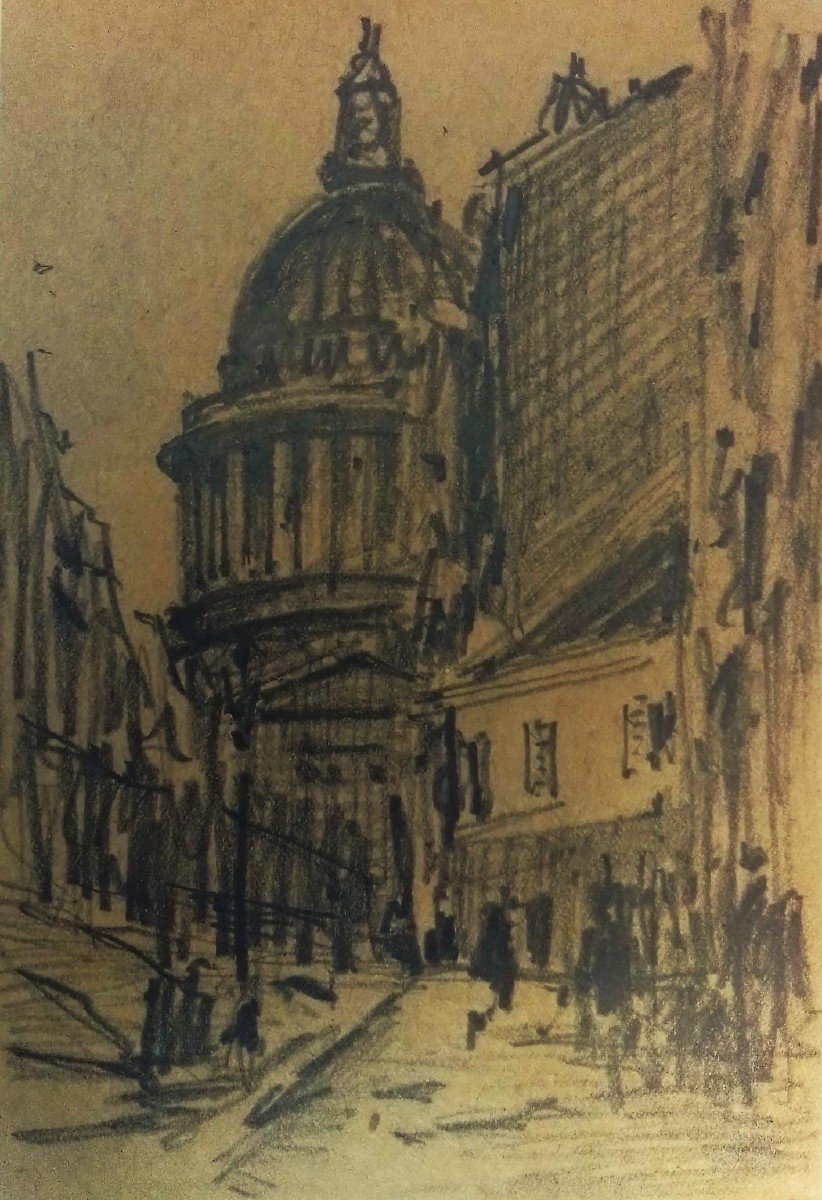 Paris, Vue Animée Sur Le Panthéon. Paul Émile Lecomte. Crayon 16 X 11 Cm