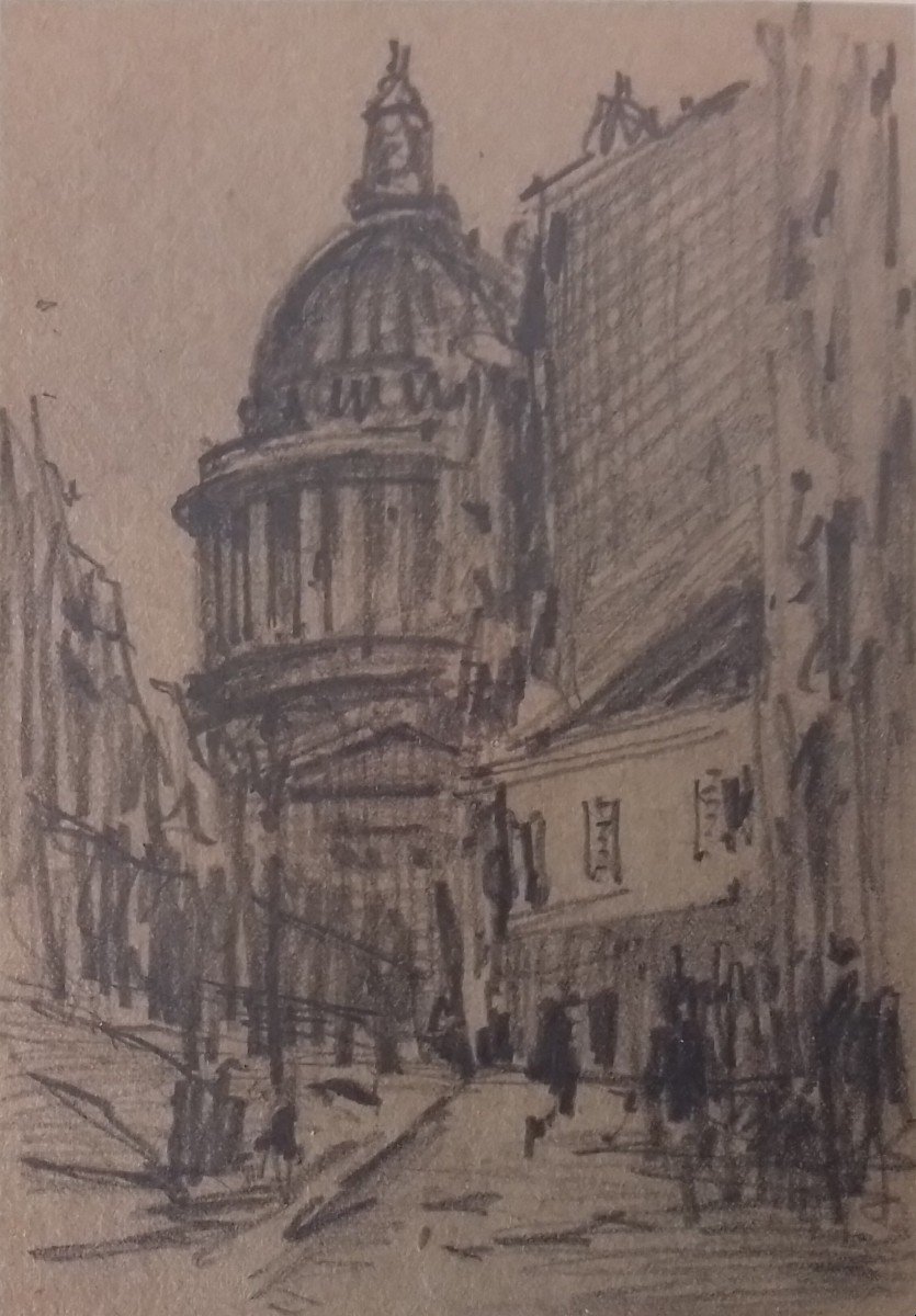 Paris, Vue Animée Sur Le Panthéon. Paul Émile Lecomte. Crayon 16 X 11 cm