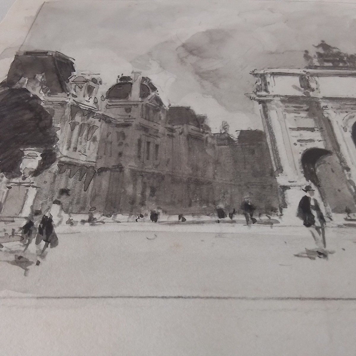 Paris, Vue Du Carrousel Et Le Louvre. Paul Émile Lecomte. Crayon 19 X 25 cm-photo-3