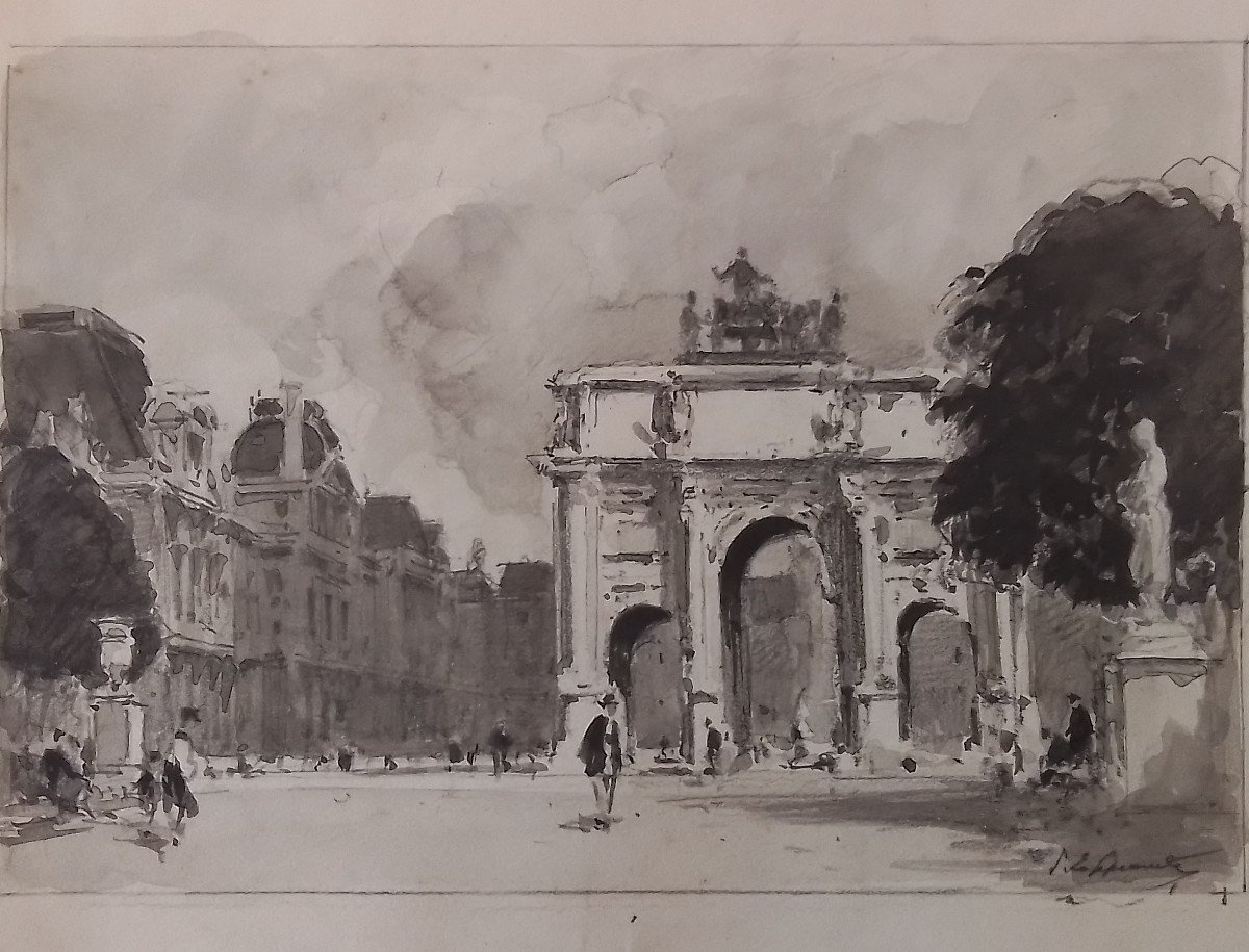 Paris, Vue Du Carrousel Et Le Louvre. Paul Émile Lecomte. Crayon 19 X 25 cm-photo-4