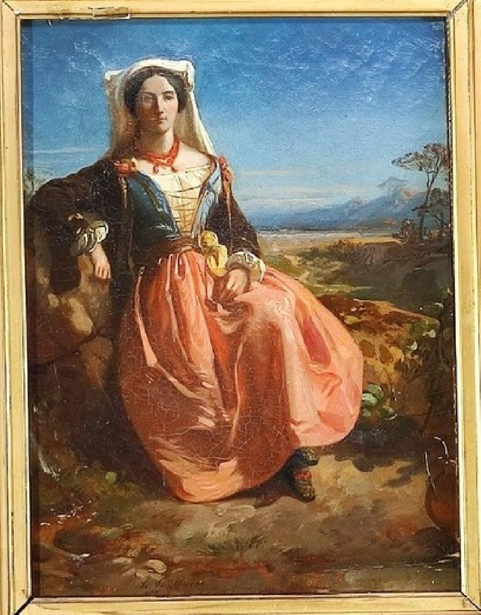 Italianate Landscape With A Woman. Eugène Modeste Lepoittevin. Hst 35 X 48 Cm