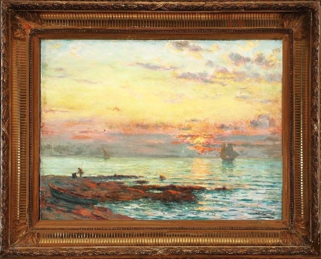 Sea View, Effects Of Evening At Sunset. Charles Louis Eugène Signoret. Hst 55 X 72 Cm