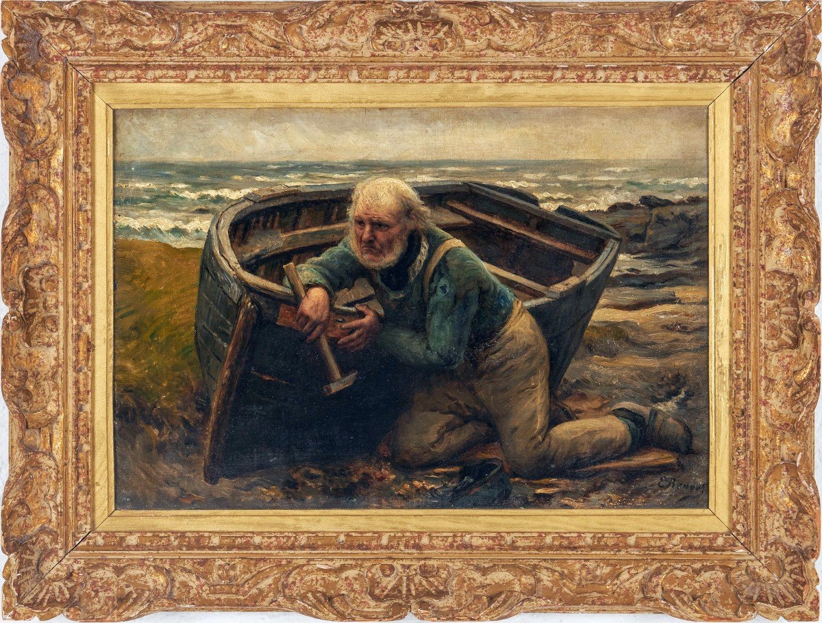 EMILE RENOUF 1845+1894 - ”Le Dernier Radoub” Scène sur une plage normande. HST 40 X 55 cm