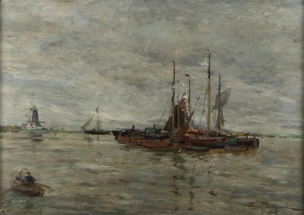 Three Sailboats At Anchor, View Of Holland. Edmond Petitjean. Hst 46 X 66 Cm