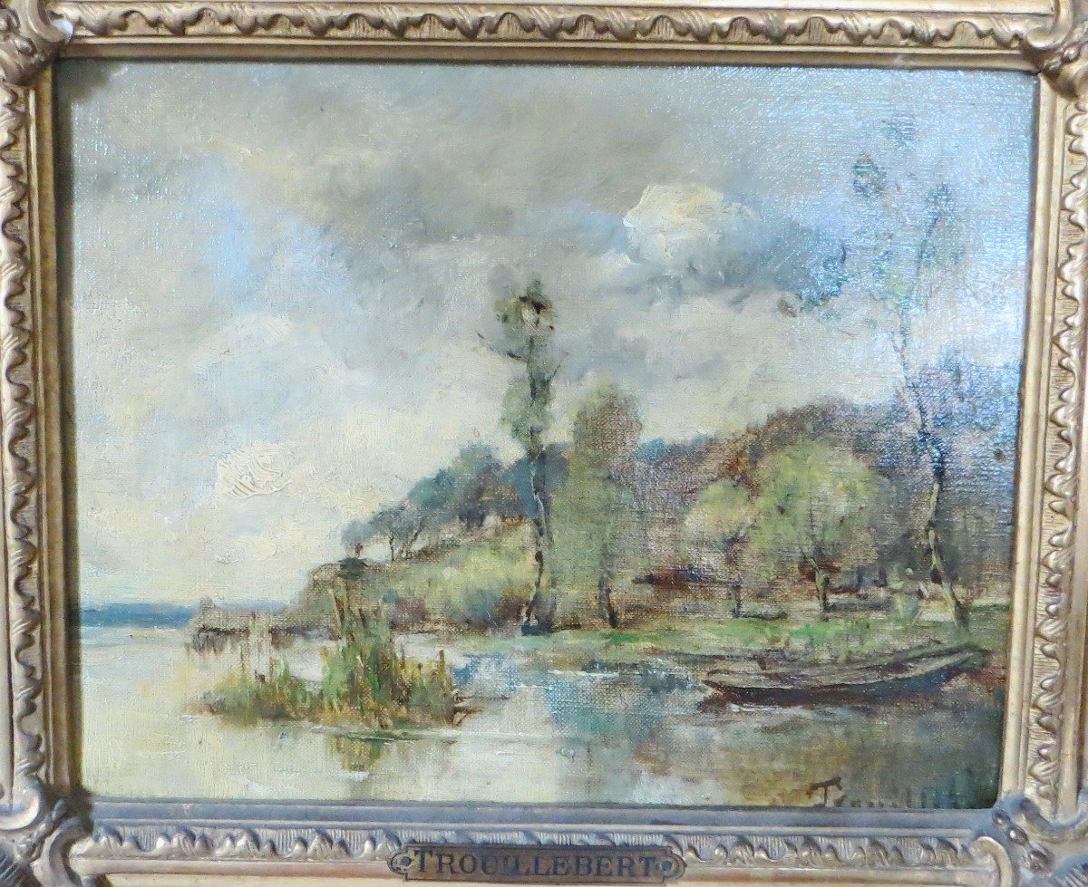 Paul D Trouillebert 1829+1900 -  Animated Landscape With Lake O/c 16 X 24 Cm