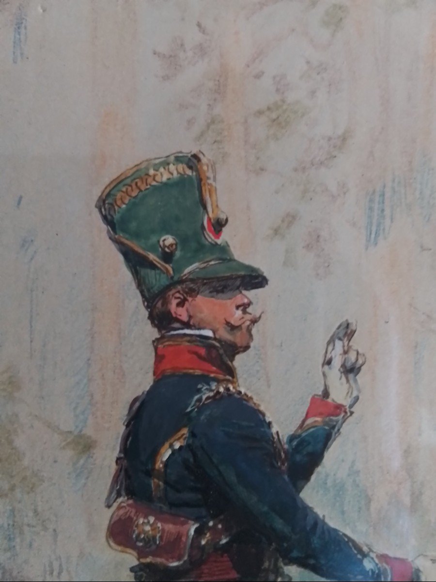 Horse Hunter Of The Imperial Guard Saluting A Brother. Edouard Detaille. Gouache17 X 21.5 Cm-photo-2