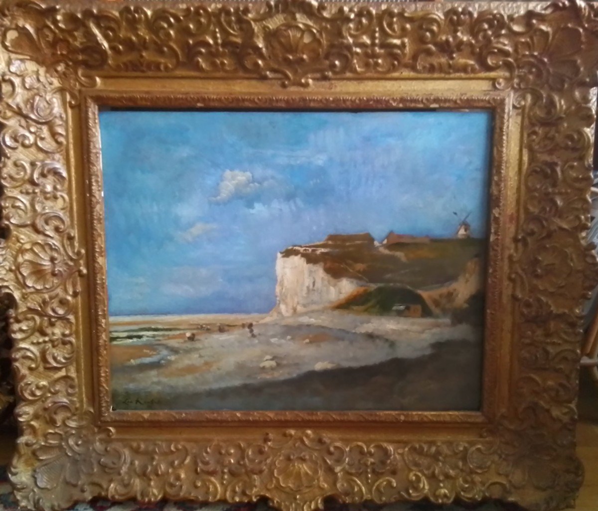 Leon Richet 1843+1907 - The Cliffs Near Treport, Normandy  Etretat Coast. O/b 30 X 40 Cm-photo-3