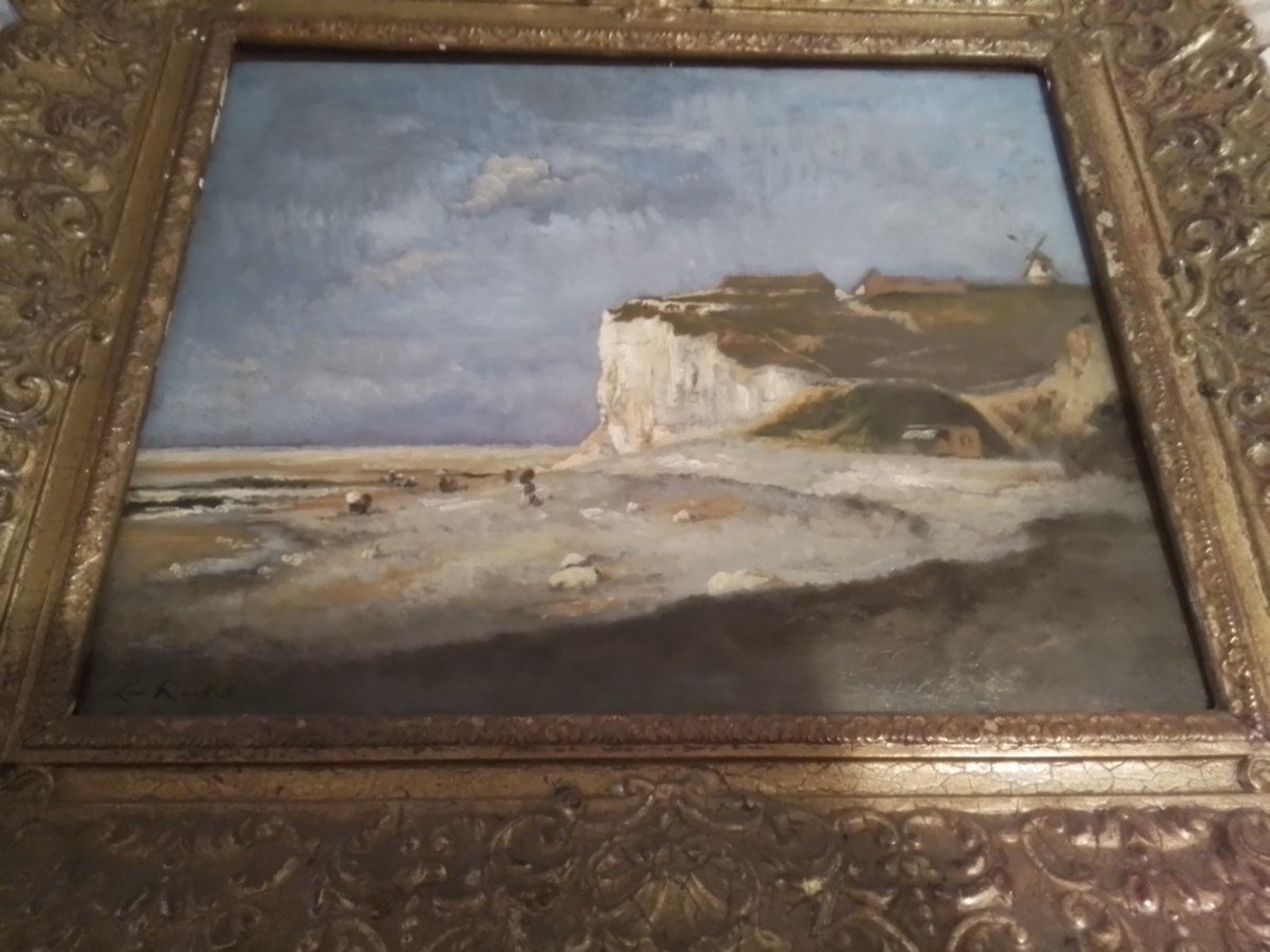 Leon Richet 1843+1907 - The Cliffs Near Treport, Normandy  Etretat Coast. O/b 30 X 40 Cm-photo-8