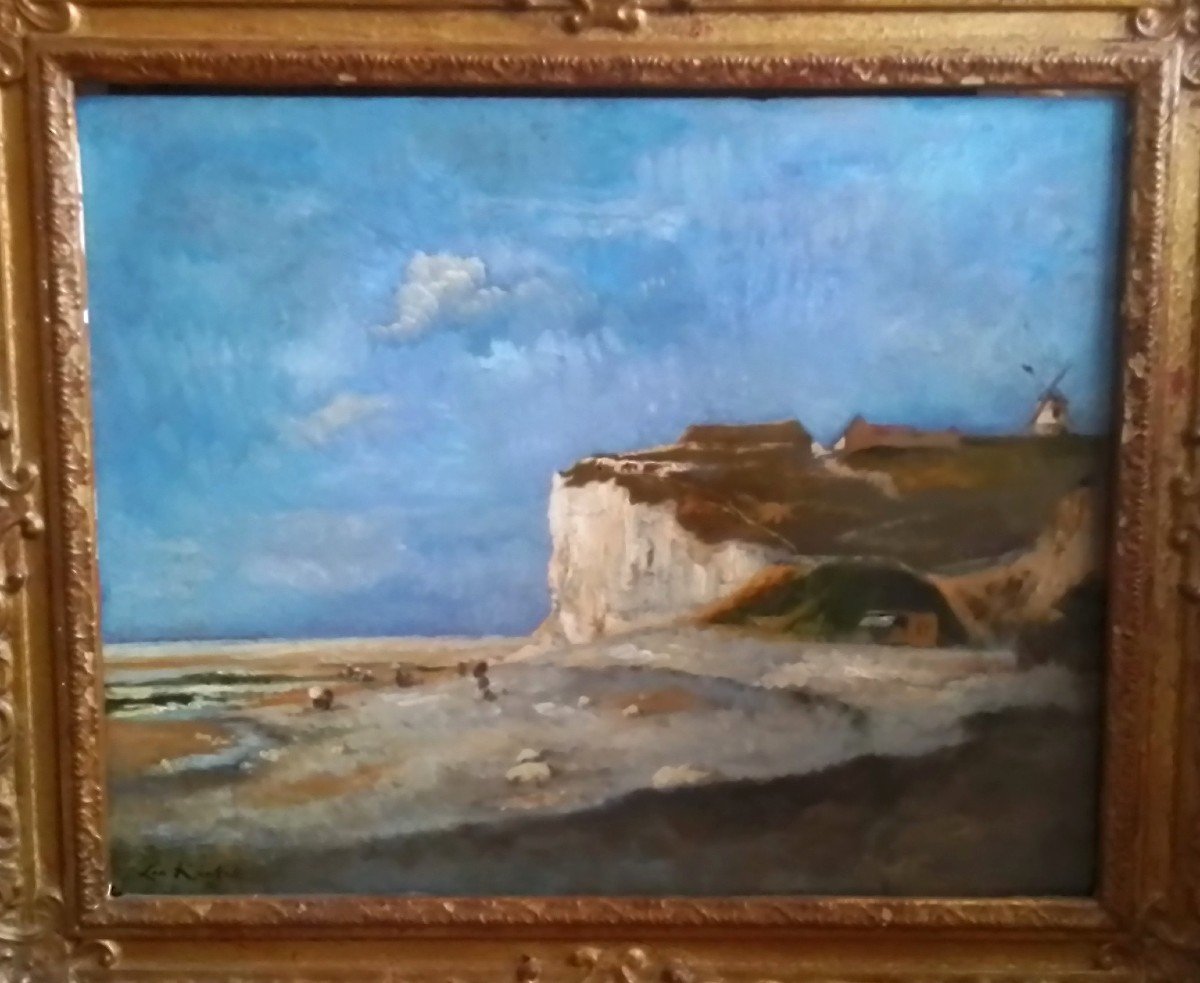 Leon Richet 1843+1907 - The Cliffs Near Treport, Normandy  Etretat Coast. O/b 30 X 40 Cm