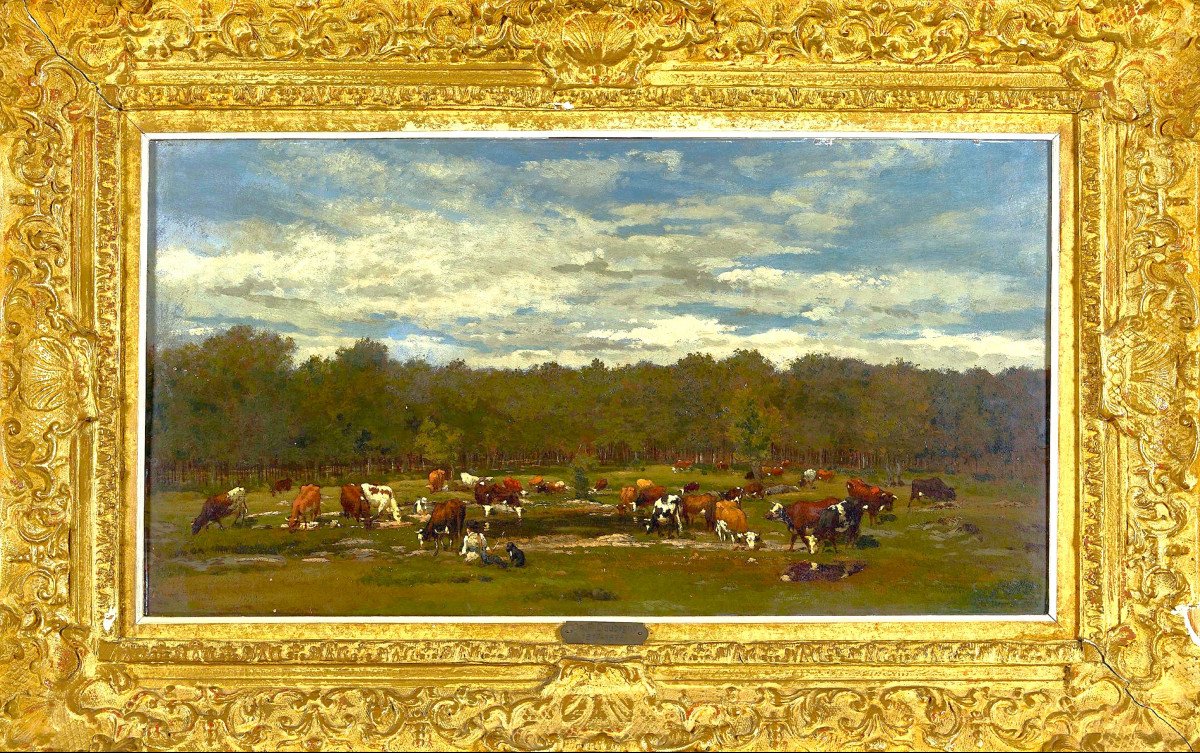 Charles F Daubigny 1817+1878- Landscape With Cows And Washerin. O/p 68.5 X 38.5 Cm-photo-4