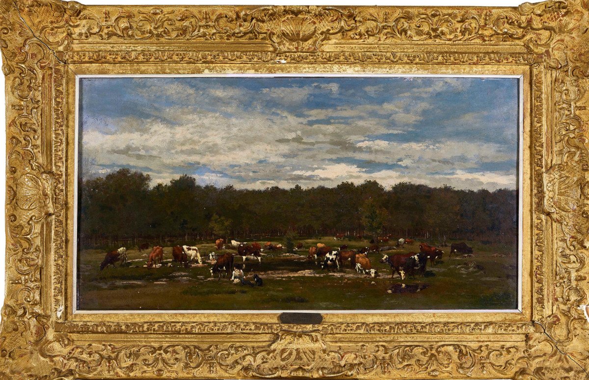 Charles F Daubigny 1817+1878- Landscape With Cows And Washerin. O/p 68.5 X 38.5 Cm-photo-1