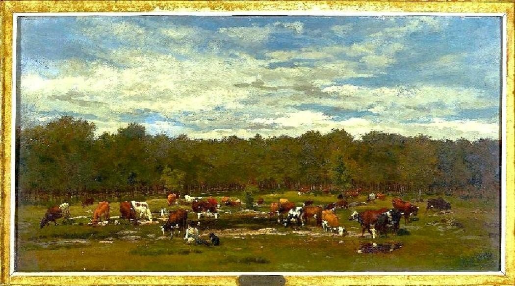 Paysage Aux Vaches Et Lavandières. Charles François Daubigny. Hsp 68.5 X 38.5 Cm