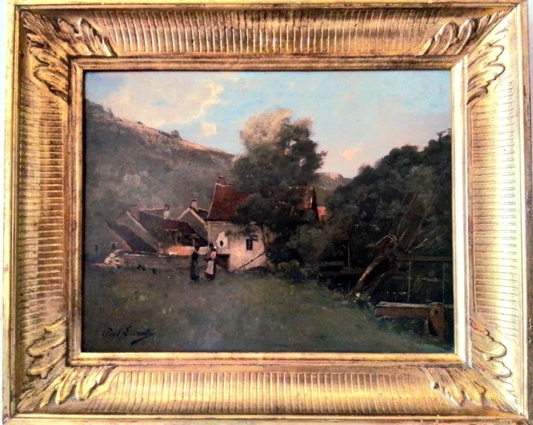 PAUL E LECOMTE 1877+1950 - Paysage animé avec maison en bordure de rivière. HSP 28 X 48 cm