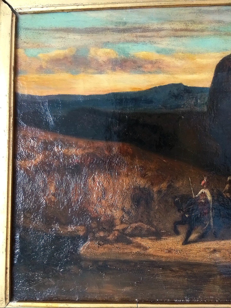 Alexandre Decamps 1803+1860 - Rocky Landscape With Orientalist Troups (attr). O/c 28 X 48 Cm-photo-1