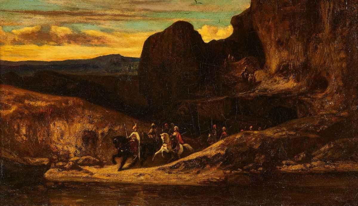 Alexandre Decamps 1803+1860 - Rocky Landscape With Orientalist Troups (attr). O/c 28 X 48 Cm-photo-3