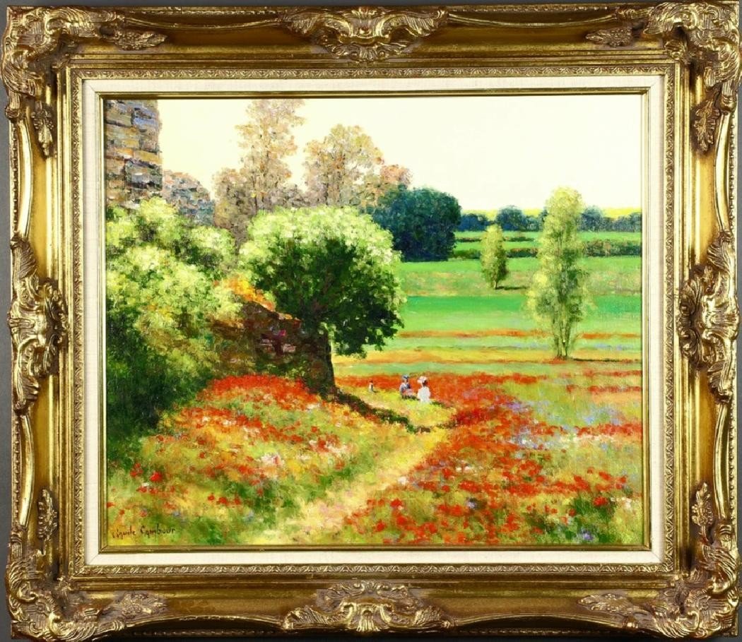 Claude Cambour 1960+2012 - A Poppy Field With Ruins. O/c 45 X 55 Cm