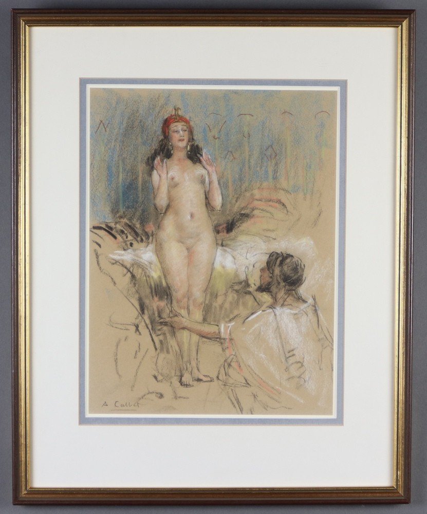 ANTOINE CALBET 1860+1942 -Femme nue avec un orientalist, Pastel 23 X 31 cm-photo-2