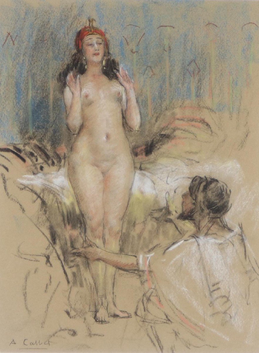 ANTOINE CALBET 1860+1942 -Femme nue avec un orientalist, Pastel 23 X 31 cm