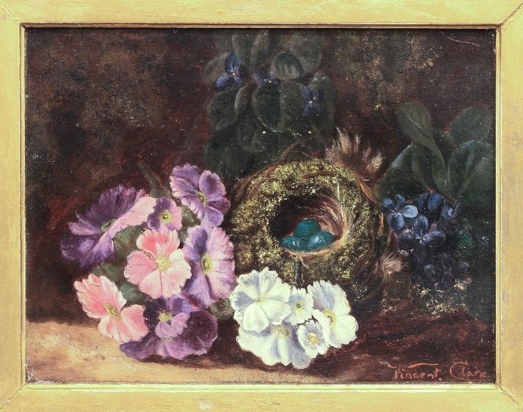 VINCENT CLARE 1855+1930 - Composition aux fleurs et nid sur fond de nature. HST 18 X 24 cm