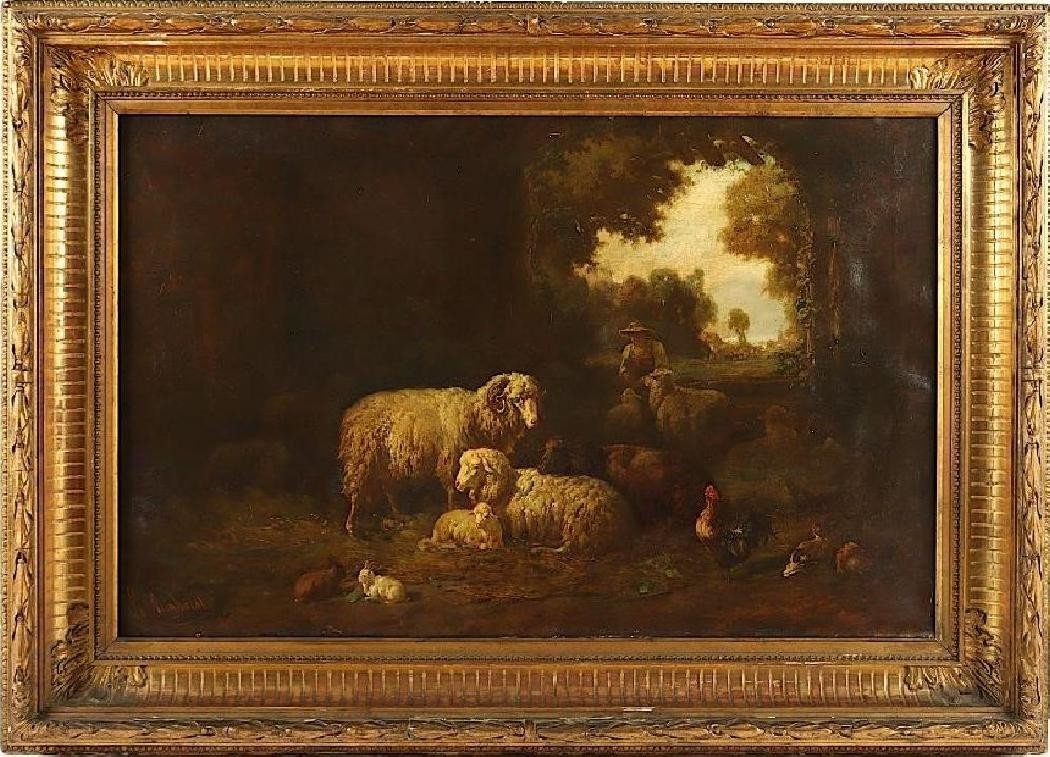 LOUIS REINHARDT 1849+1870 Bergère et ses moutons HST. 65 X 90 cm