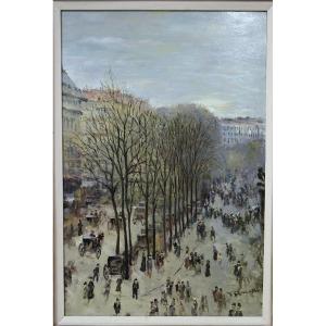 Paris, Vue Sur Le Boulevard Des Capucines. Jacques Deveau. Hst 122 X 92 cm