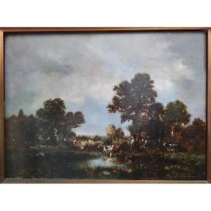 Gardienne De Vaches En Forêt De Fontainebleau. Paul Vernon. HSP 25 X 33 cm