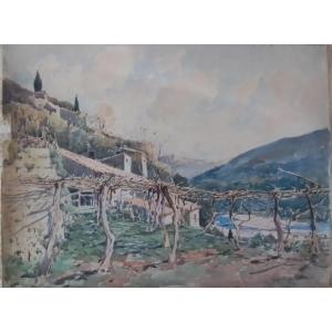 Village de Provence (la Gattière). Paul Émile Lecomte. Aquarelle Sur Carton. 50 X 65 cm