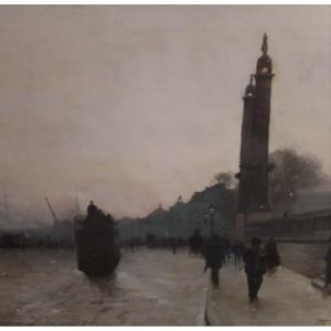 Tramway Sur La Place Des Quinconces. Quais De Bordeaux. Alfred Smith. HST 54 X 75 cm