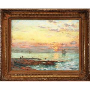 Vue Sur Mer, Effets Du Soir Au Couché. Charles Louis Eugène Signoret. HST 55 X 72 cm