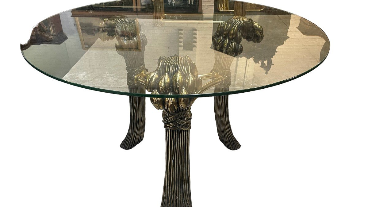 Vintage Regency Table "bouquets Of Tulips" In Gilded Bronze And Synthetic Material 1970-photo-1