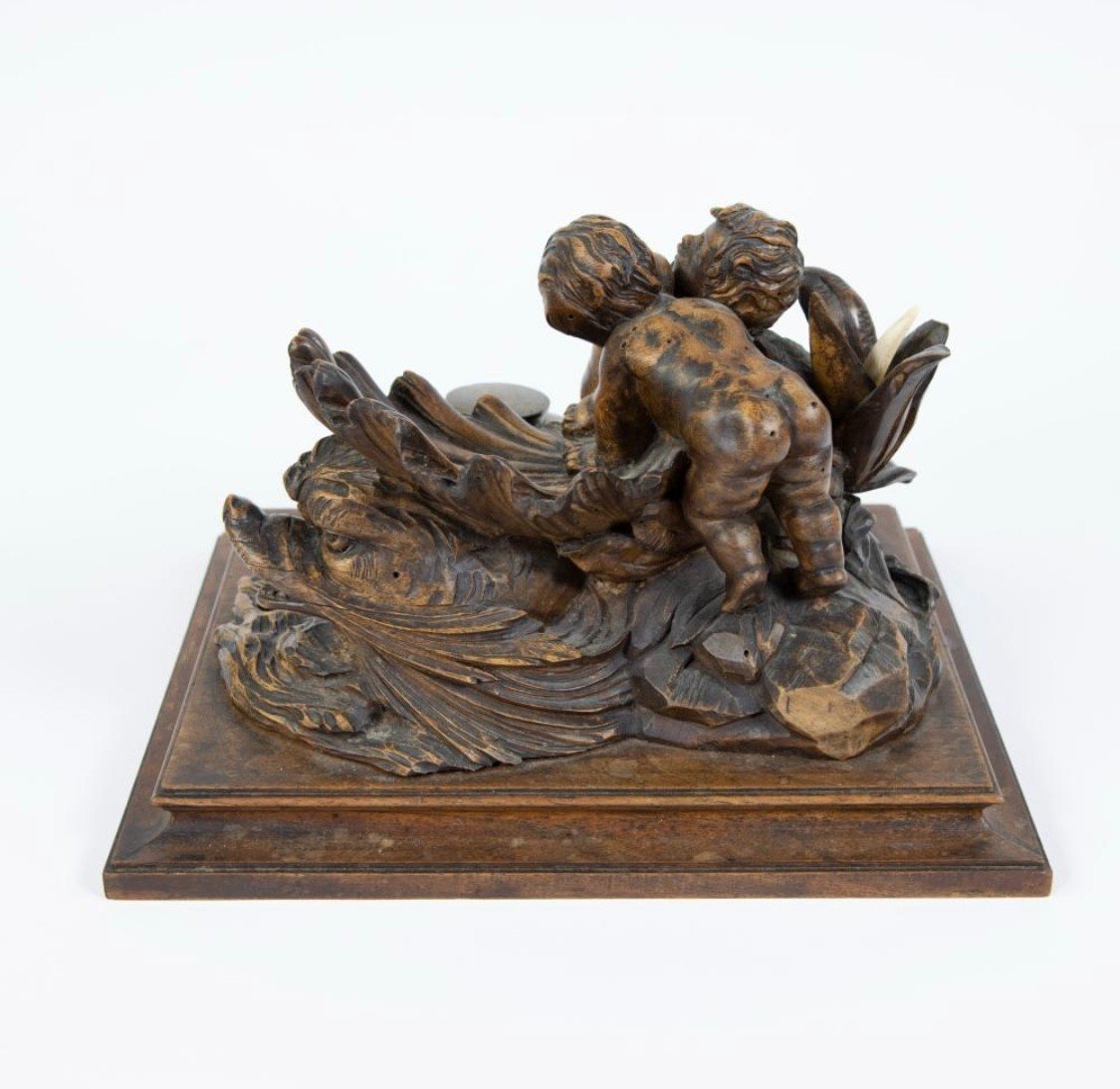 Nice Inkwell "2 Putti With Fish" In Walnut 19thc.-photo-3