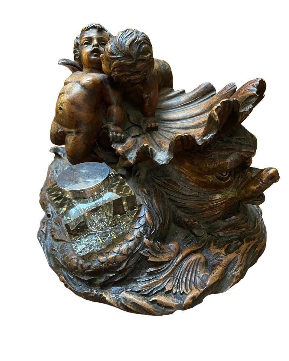 Nice Inkwell "2 Putti With Fish" In Walnut 19thc.-photo-2