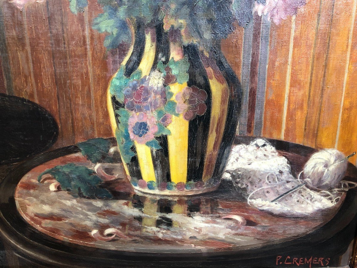 Decorative Painting "flowers In A Vase" Oil On Canvas 1920-1930.-photo-3