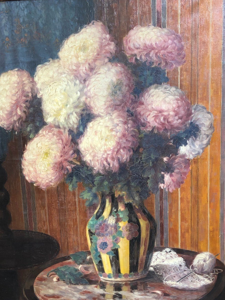 Decorative Painting "flowers In A Vase" Oil On Canvas 1920-1930.-photo-1