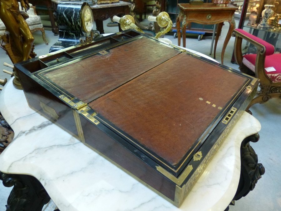 Large Writing Desk In  Copper Marquetry 19th Century.-photo-1