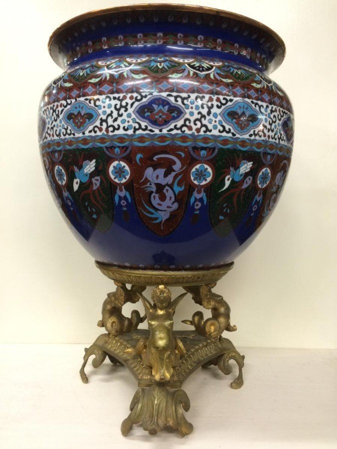 Grande Cashe-pot , Jardinière En émaille Cloisonné / Bronze 19ème.-photo-5