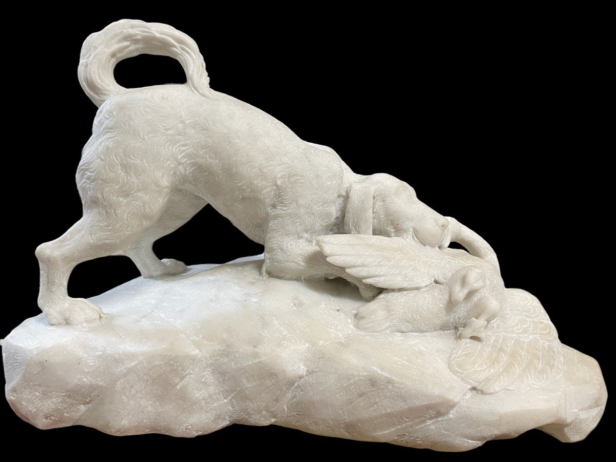 Sculpture "dog With Prey" In Carrara Marble 19thc.-photo-1