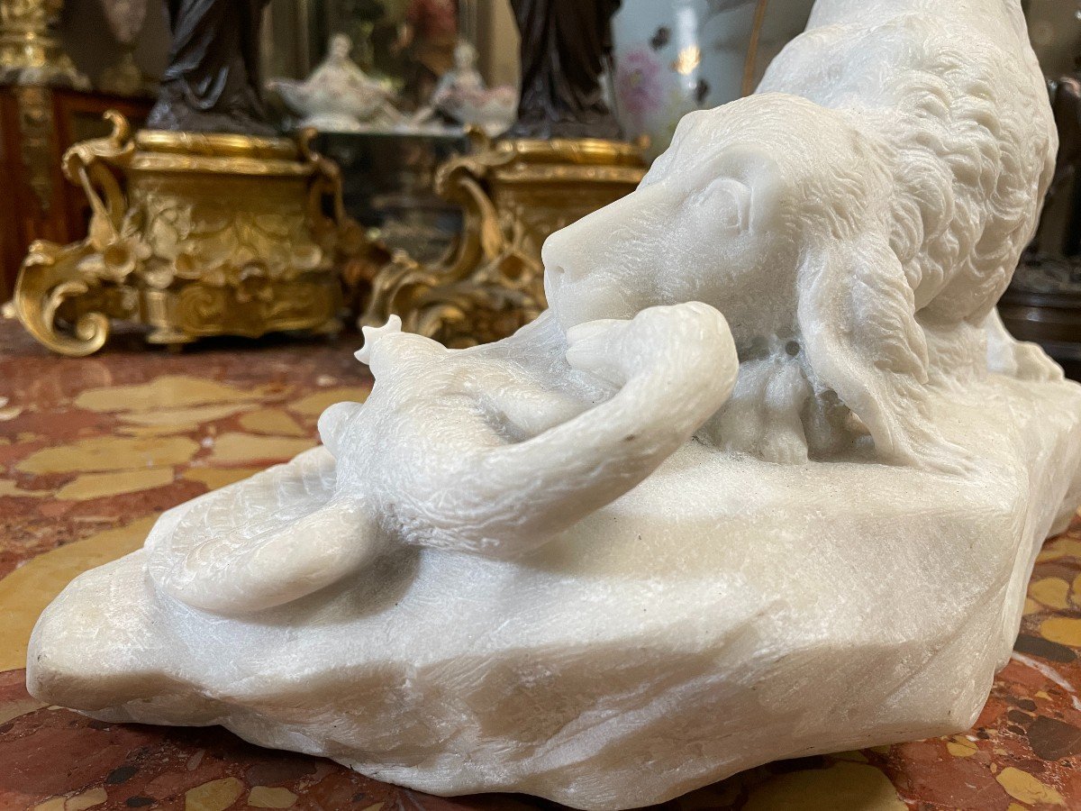 Sculpture "dog With Prey" In Carrara Marble 19thc.-photo-4