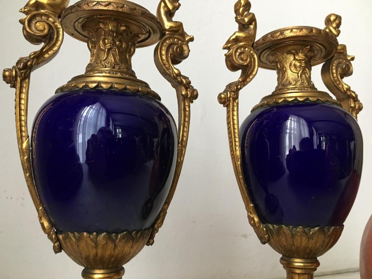 Pair Of Sèvres Porcelain Miniature Vases With Bronze Decorations 19thc.-photo-1