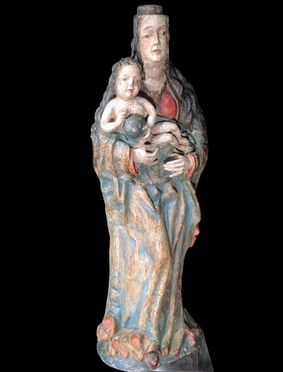 Verge à l'Enfant Polychrome Wood Around 1600 Height: 87 Cm.-photo-3