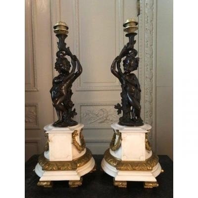 Paire De Lampes " Putti " En Bronze / marbre  Napoléon III-photo-1
