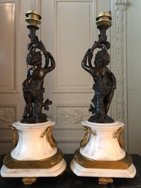 Paire De Lampes " Putti " En Bronze / marbre  Napoléon III-photo-2