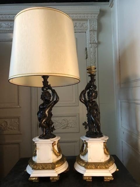 Paire De Lampes " Putti " En Bronze / marbre  Napoléon III-photo-4